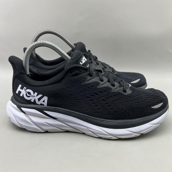 Hoka One One Clifton 8 Running Shoes Women Size 7.5 Black White Comfort Sneakers - Picture 1 of 8